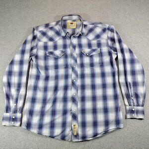 Larry Mahan Shirt Men XL Blue White Plaid Long Sleeve Snap Button Western Cowboy